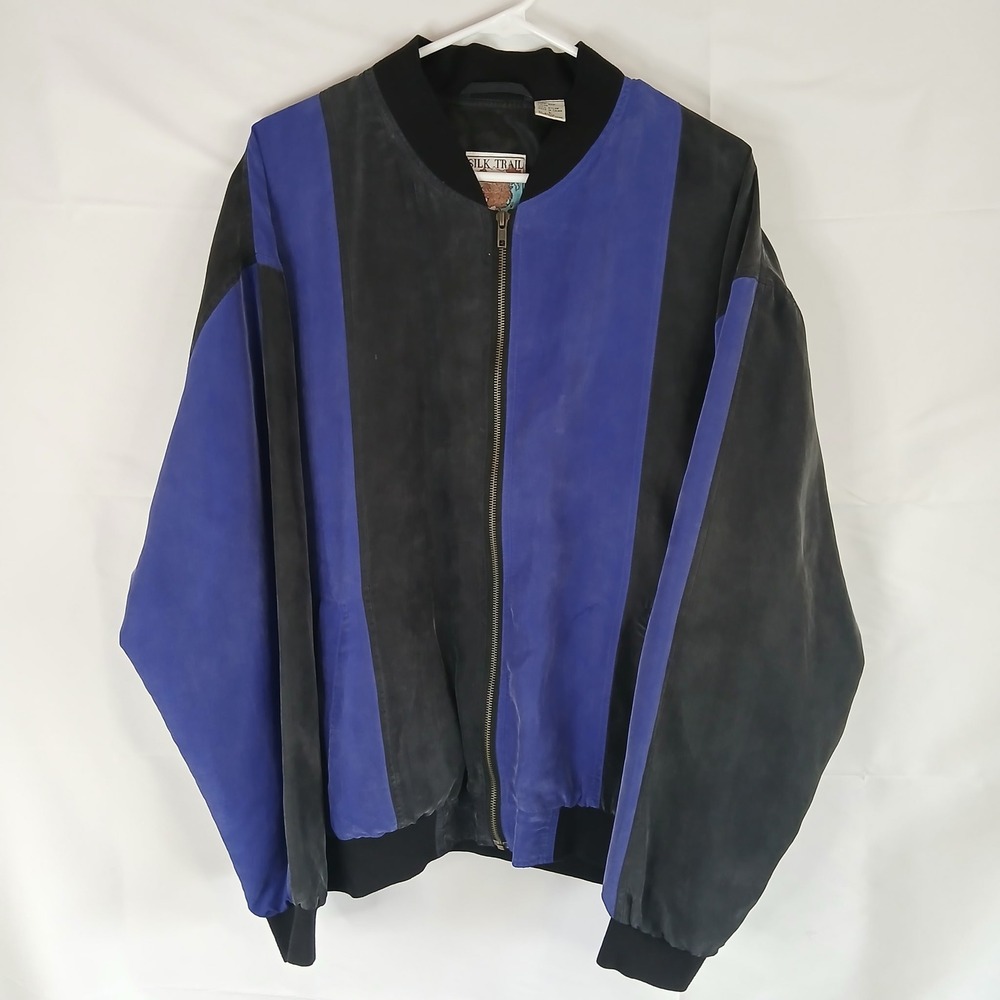 100%‎ Silk Trail Robert Stock VTG Bomber Jacket Blue Black Stripe Oversize Large